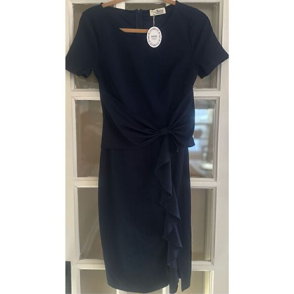 Women's navy blue size small Dress Vintage Ruffle Cocktail Pencil Knee Dress - Picture 5 of 9